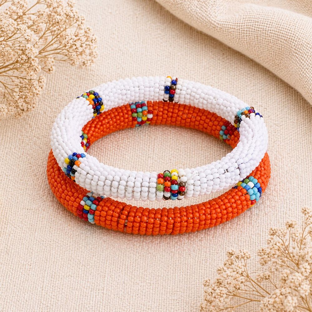Pair of Wrapped Seed Bead Bangle Bracelets in Orange and White